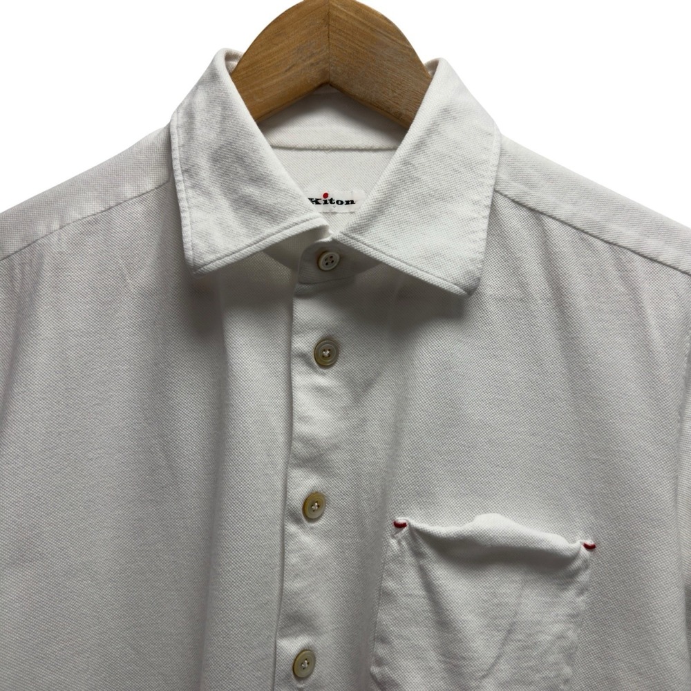 Kiton Napoli Men's Sz 16.5/42 White Pique Cotton Button Front Pocket Shirt Italy